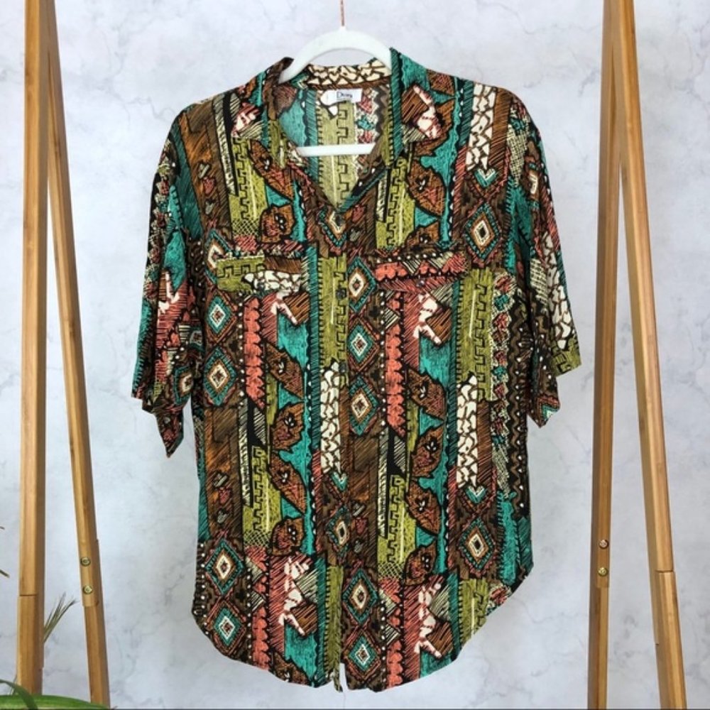 Vintage 90s Geometric Print Short Sleeve Button Up
